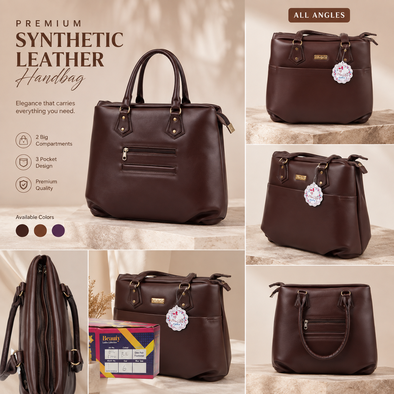 Premium Synthetic Leather Handbag for Women – Stylish Multi-Compartment Tote Bag