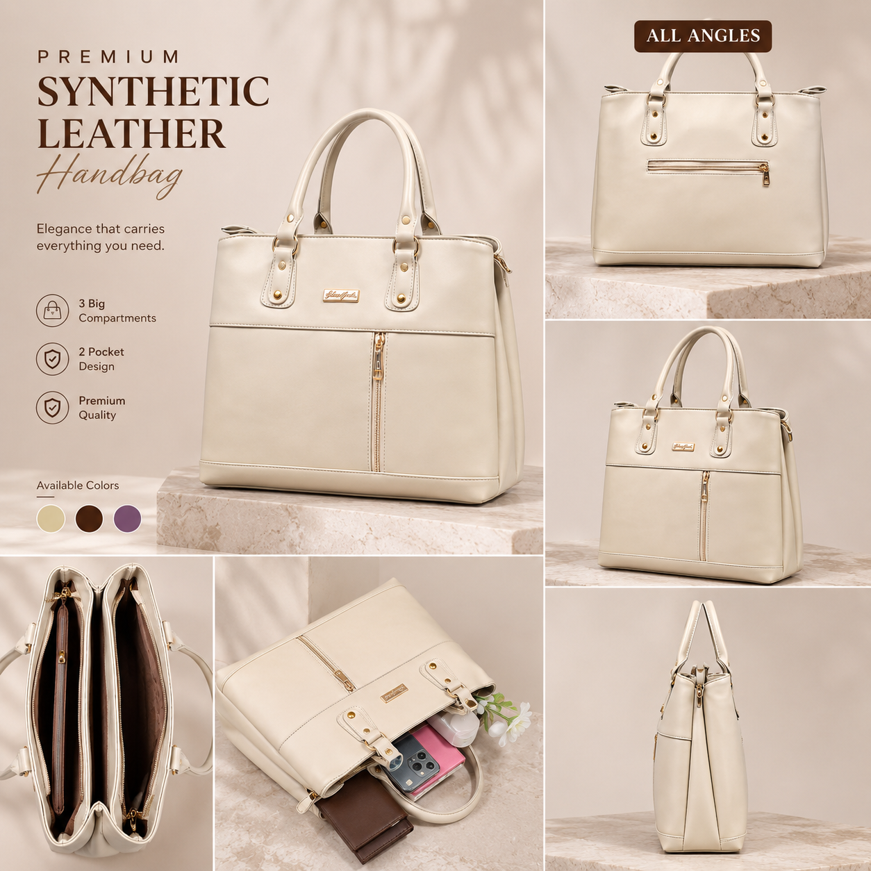 Premium Synthetic Leather Handbag for Women – 3-Compartment Stylish Tote Bag