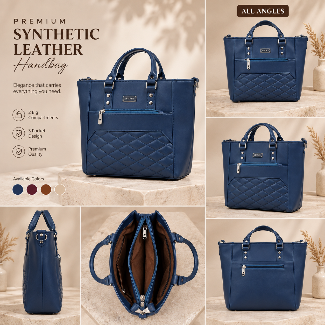 Premium Quilted Synthetic Leather Handbag – 2 Compartment - Image 5