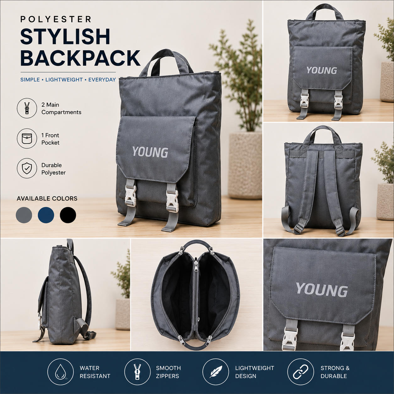 Premium Polyester Everyday Backpack – 2 Compartment - Image 4