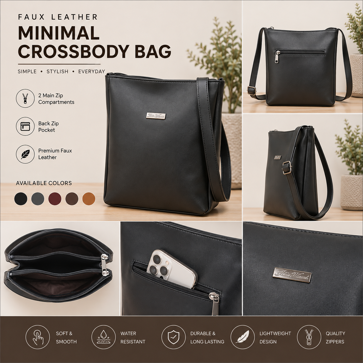 Minimal Faux Leather Crossbody Shoulder Bag - Image 5