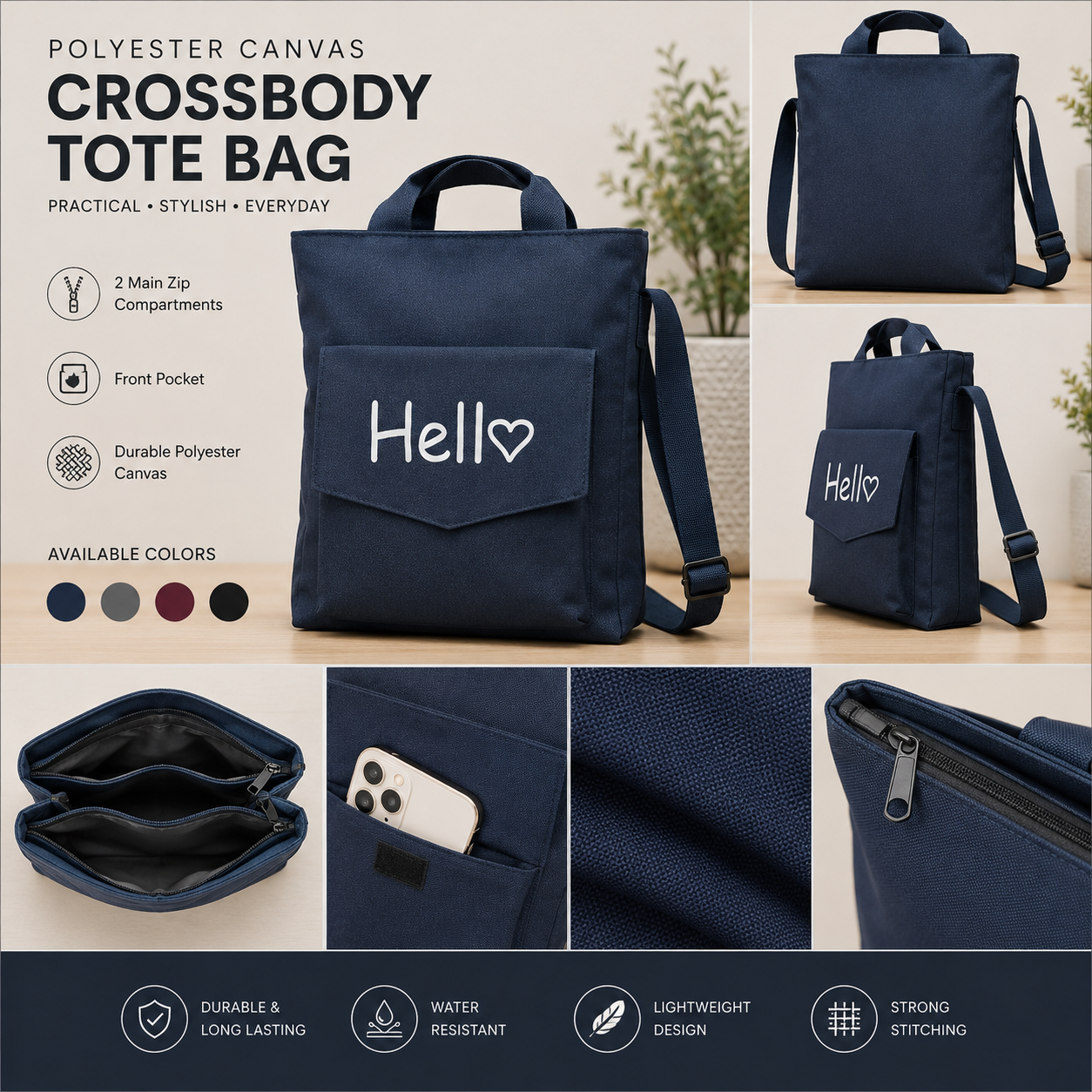 Premium Polyester Canvas Crossbody Tote Bag – 2 Compartment - Image 5