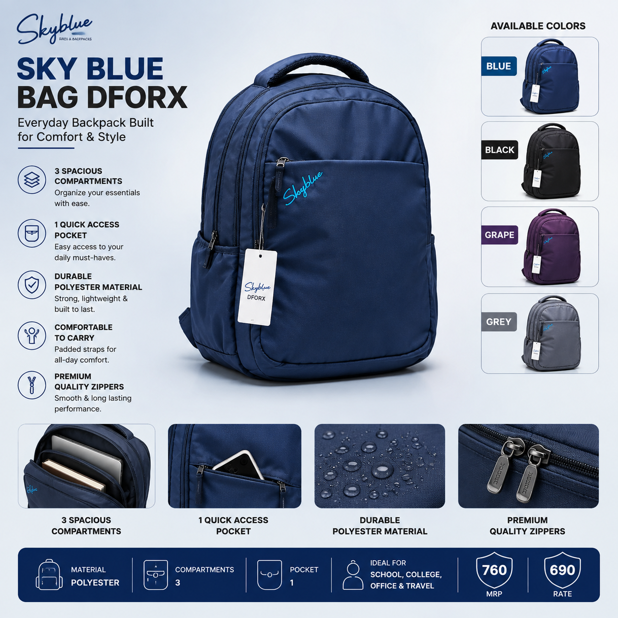 Sky Blue DFORX Polyester Backpack – 3 Compartment