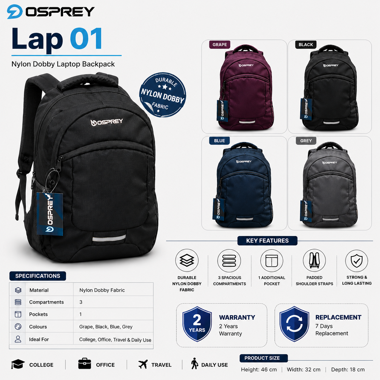 Nylon Dobby Laptop Backpack – 3 Compartment - Image 5